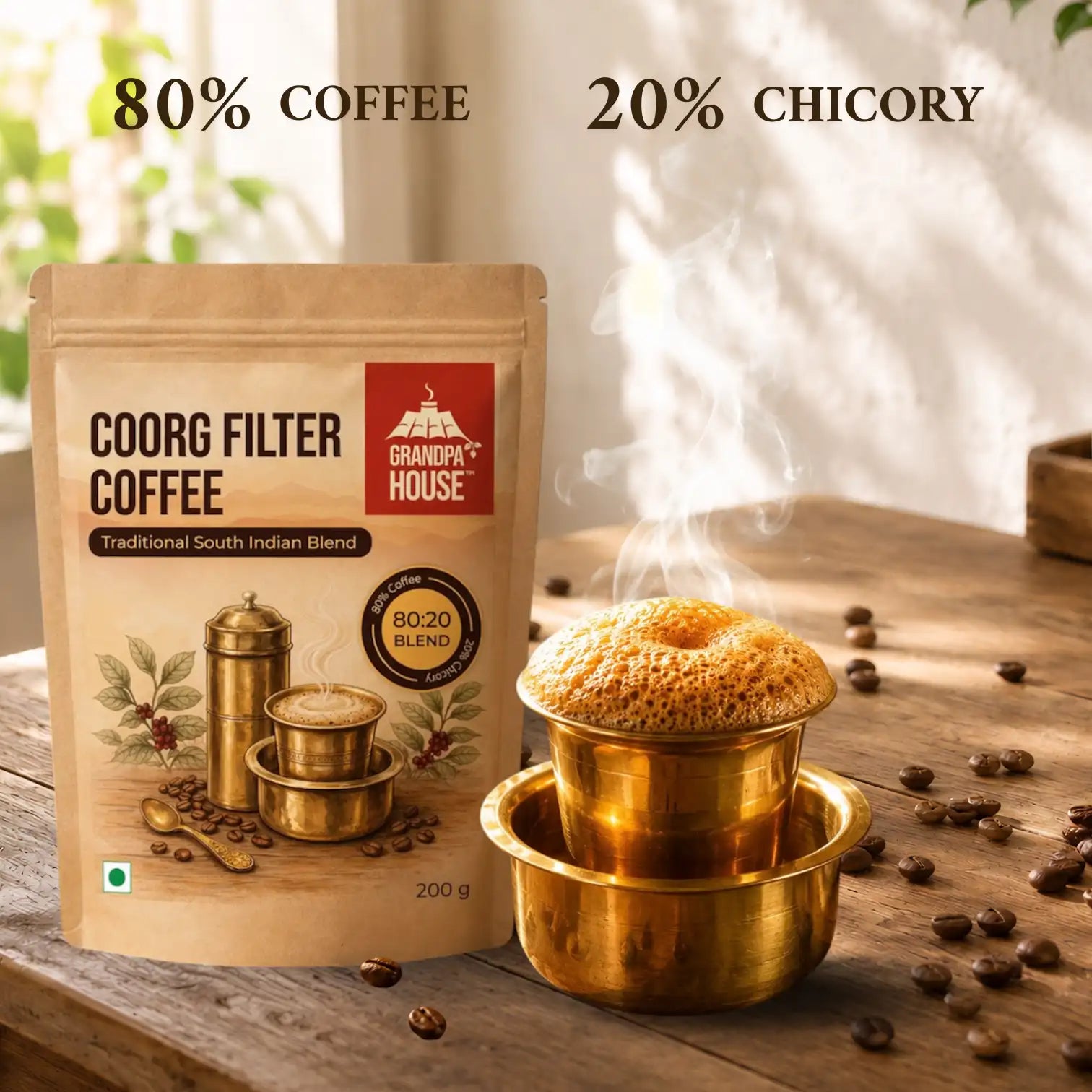 Grandpa House Coorg Filter Coffee 80:20 blend with rich frothy South Indian filter coffee, aroma steam and coffee beans