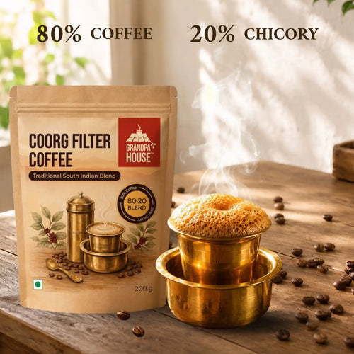 Grandpa House Coorg Filter Coffee 80:20 blend with rich frothy South Indian filter coffee, aroma steam and coffee beans