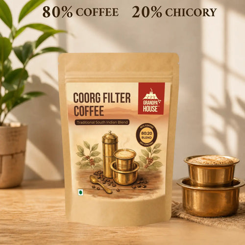 Grandpa House Coorg Filter Coffee 80:20 blend with rich frothy South Indian filter coffee, aroma steam
