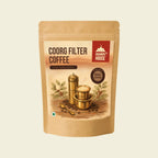 Grandpa House Coffee Coorg Filter Coffee Powder Pure Blend (100% Coffee) in kraft pouch with traditional South Indian filter coffee illustration