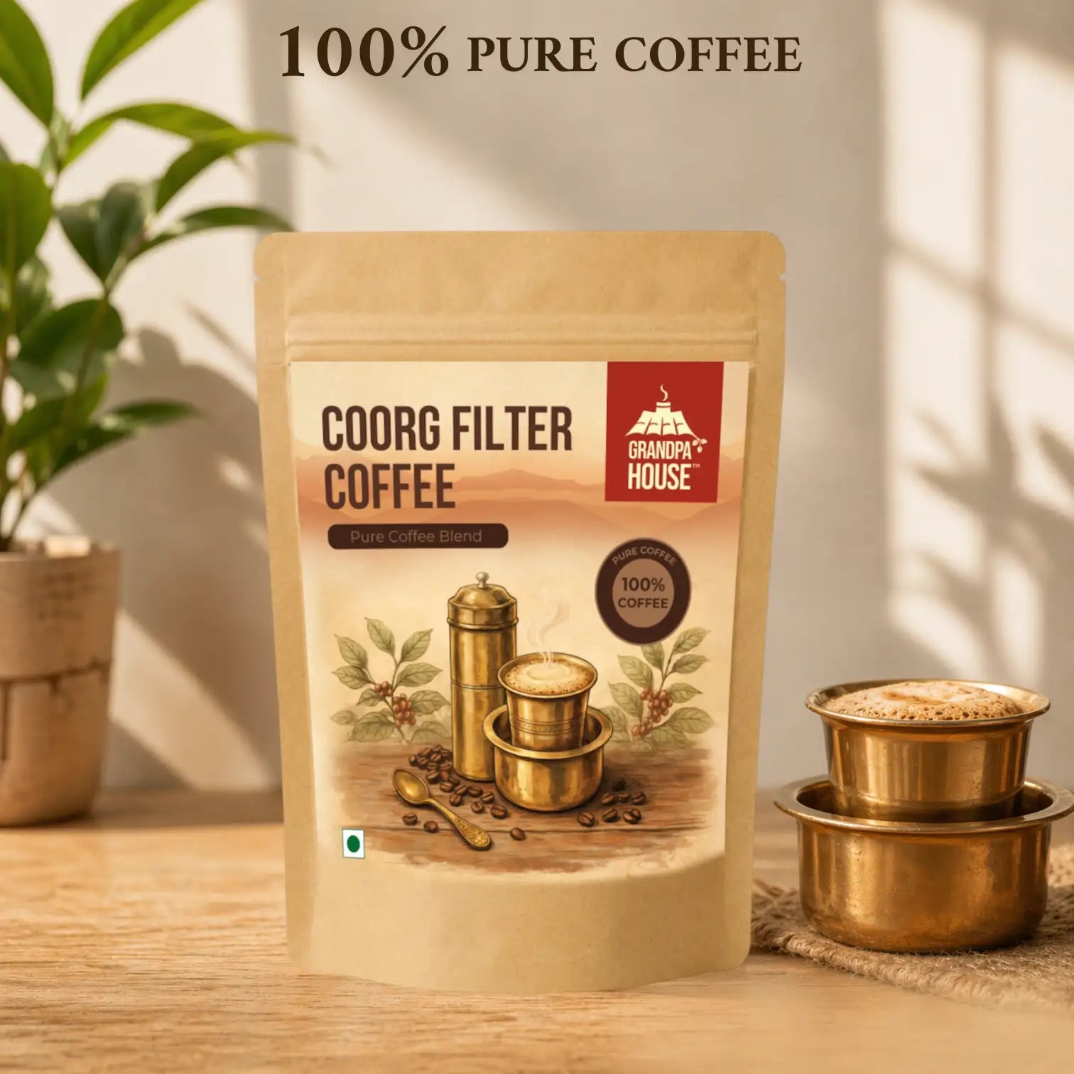 Grandpa House Coorg Filter Coffee 100% pure coffee with rich frothy South Indian filter coffee, aroma steam and coffee beans