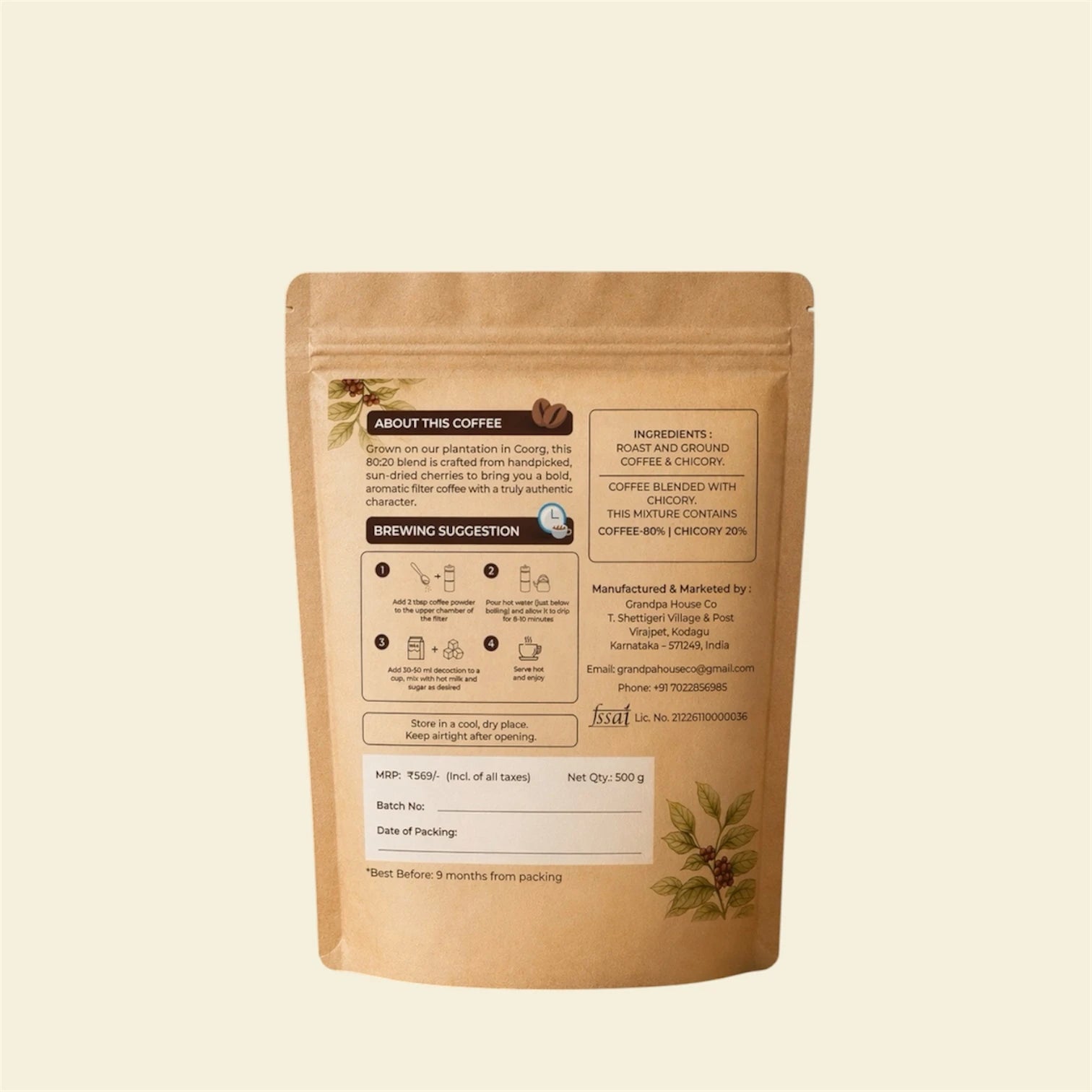 Back packaging of Coorg filter coffee 500g showing product details, brewing instructions and traditional South Indian coffee information