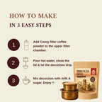Instructional graphic titled 'HOW TO MAKE FILTER COFFEE IN 3 EASY STEPS' on a beige background, showing numbered steps with simple line drawings and a bag of Grandpa House Coorg Filter Coffee.